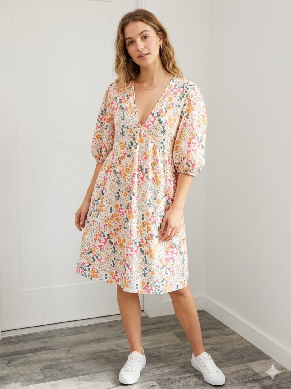 SHEIN Ditsy Floral Babydoll Dress XL Pink Yellow Puff Sleeve Empire Waist Boho